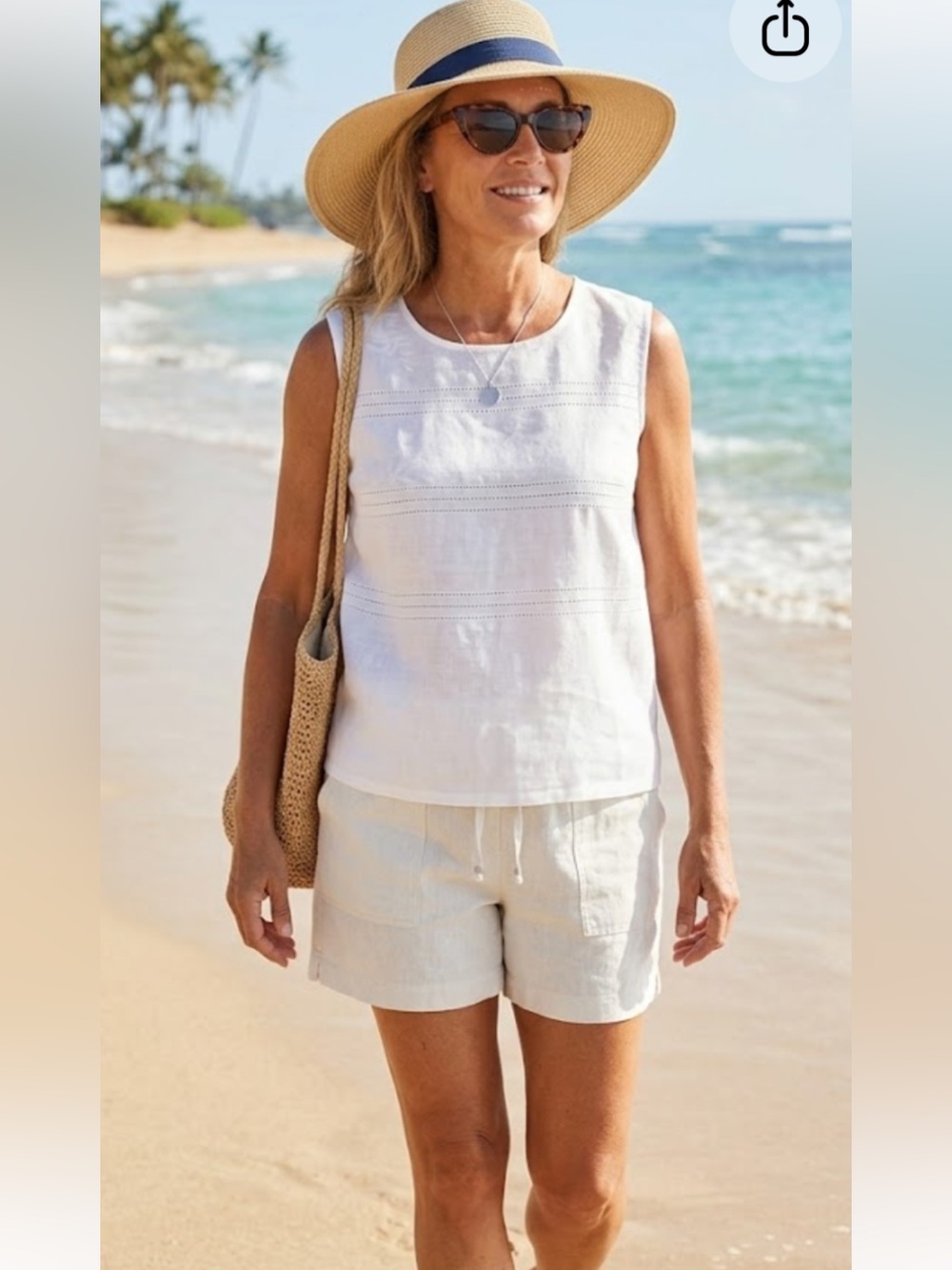 Classic White Vintage Linen Boxy Top with Perforated Design by Jordan Size L